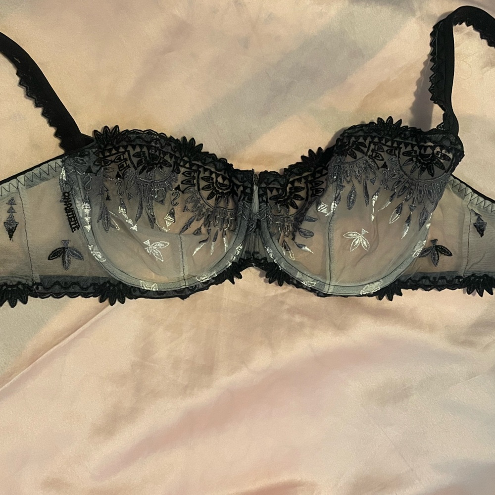 Chantelle Black Sheer Lace Bra with gray ombré embroidered design